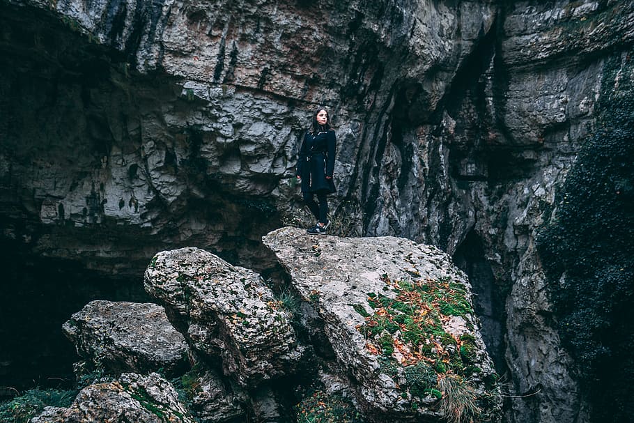 Photo of Woman In Black Outfit Standing On Rock, adventure, alone HD wallpaper