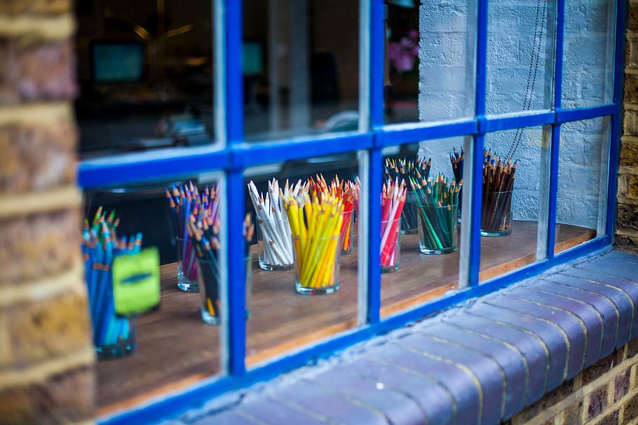window, pencils, colors, creativity, london, england, drawing HD wallpaper