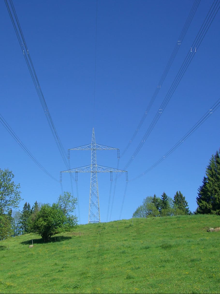 strommast, power line, sky, blue, high voltage energy, electricity HD wallpaper