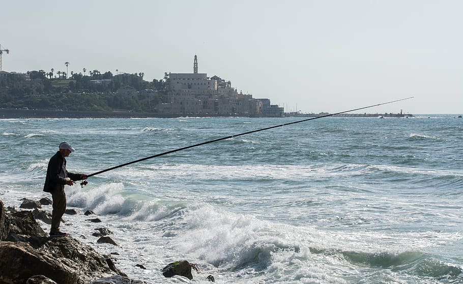 fischer, sea, beach, wave, water, rod, fishing rod, one person HD wallpaper