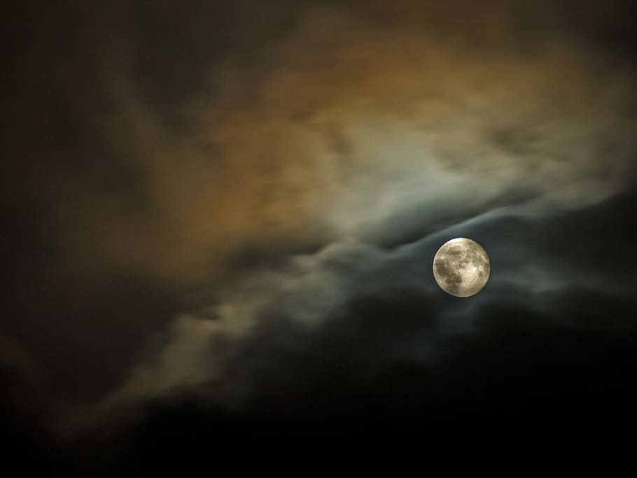 round silver-colored coin, full moon and dark clouds, silhouette HD wallpaper