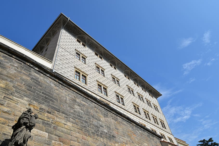 sky, blue, decoration, wall, clouds, windows, blue sky, building HD wallpaper
