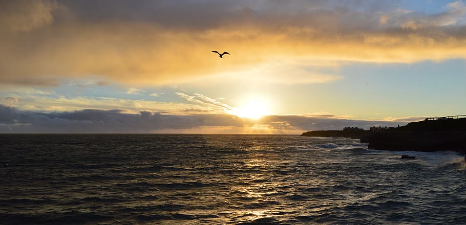 sunset, ocean, landscape, dusk, waves, shore, sky, sea, water HD wallpaper