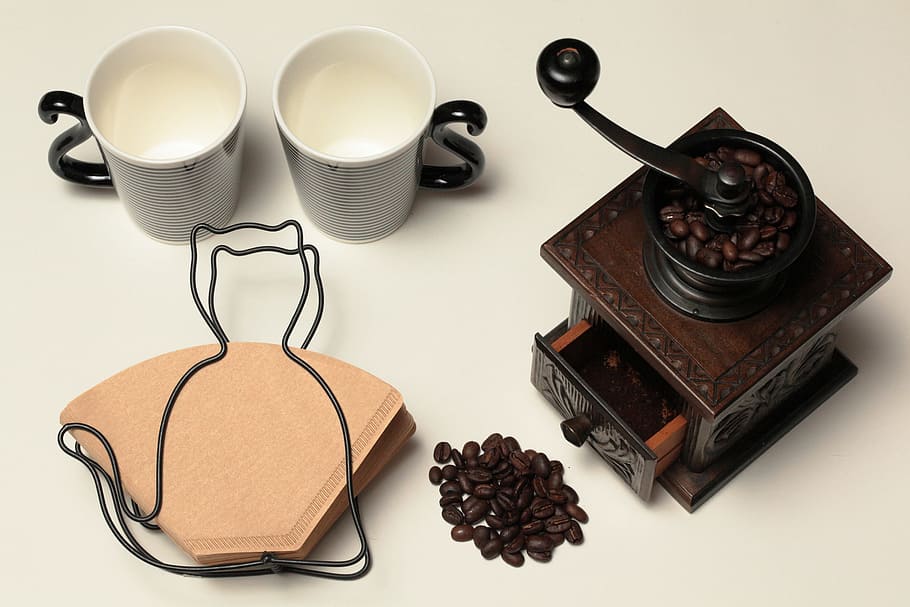 coffee, cups, filters, cat, mill, studio shot, food and drink HD wallpaper