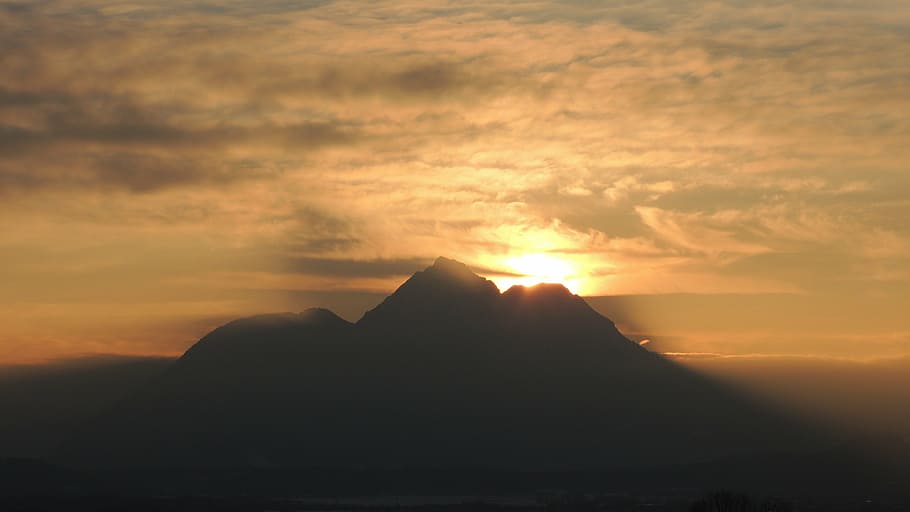sunset, mountain, sky, cloud - sky, orange color, beauty in nature HD wallpaper