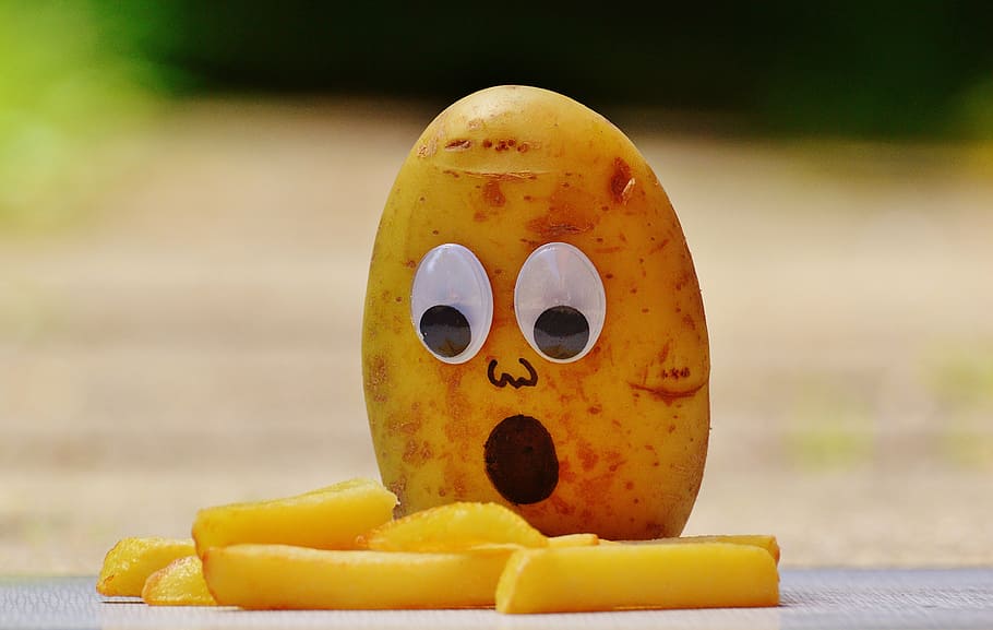 potato with googly eyes and French fries, potatoes, mourning