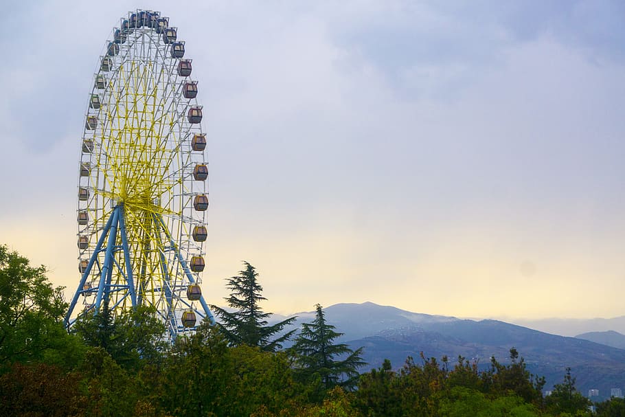 dawn, sky, mountain, park, daylight, dusk, ferris wheel, georgia HD wallpaper