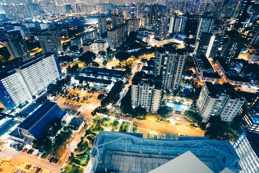 high-angle photography of high-rise buildings, aerial view of cityscape during night HD wallpaper
