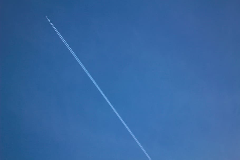 airplane, contrails, blue, vapor trail, sky, cloud - sky, air vehicle HD wallpaper
