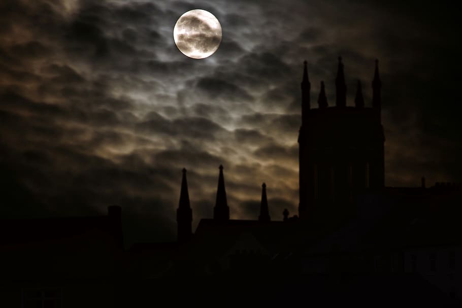 silhouette of castle during night time, full moon, midnight, middle ages, HD wallpaper