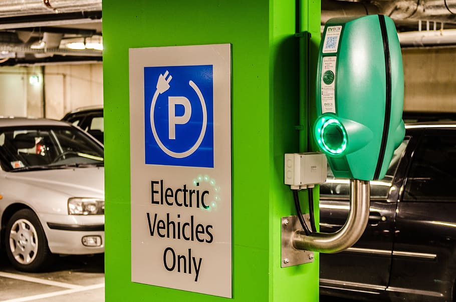 white and blue electric vehicle only signage, parking, transportation