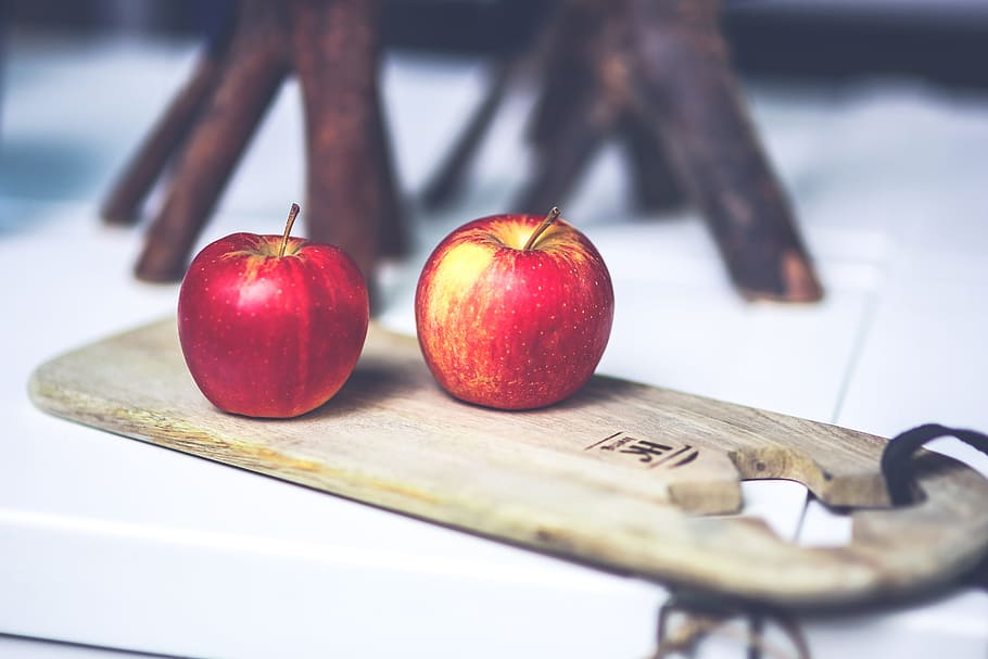 two red apples on brown board, fruit, cutting, healthy, diet HD wallpaper