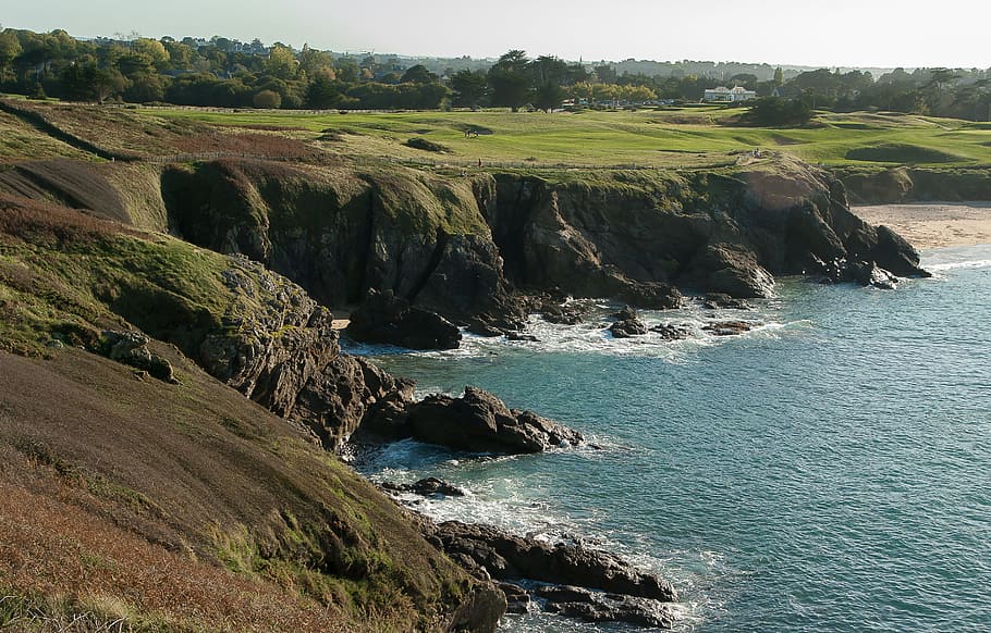brittany, cliffs, rocky coast, golf, wild coast, water, beauty in nature HD wallpaper