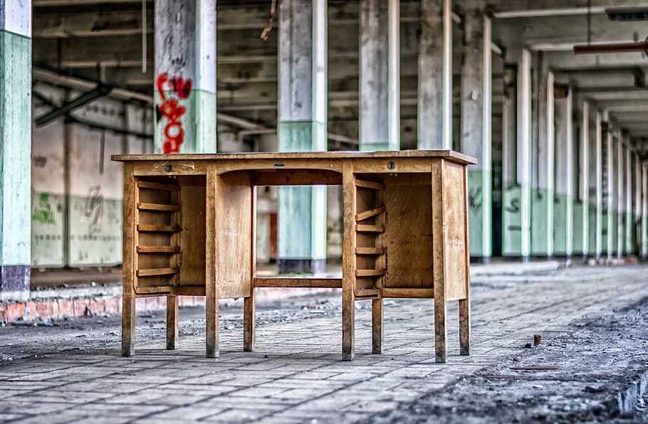 brown wooden desk inside building, lost places, hall, columnar HD wallpaper