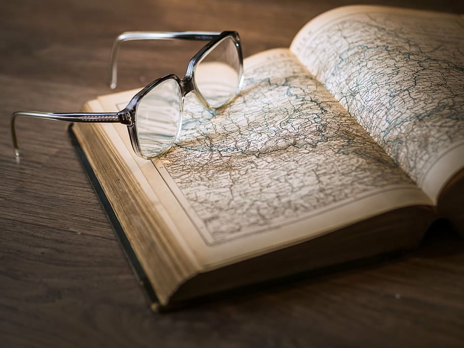 eyeglasses on book, knowledge, library, textbook, information, HD wallpaper