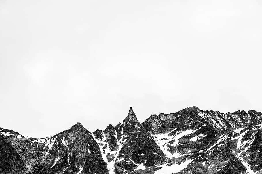 mountain, ridge, rocks, snow, winter, black and white, sky HD wallpaper