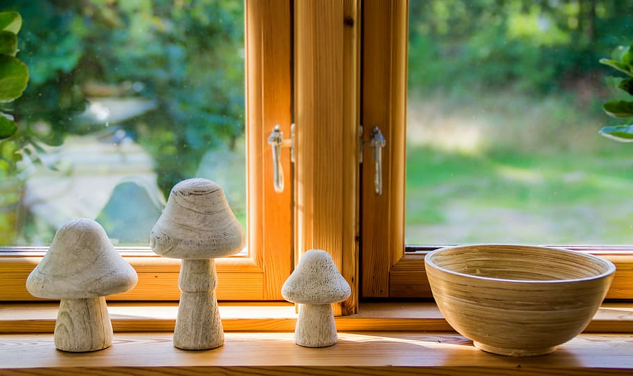 Home, Window, Decoration, mushrooms, stone, bowl, white, brown HD wallpaper