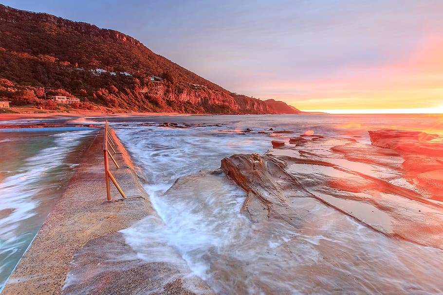 time-lapse photograph of seashore, beach, sand, coast, sunset HD wallpaper