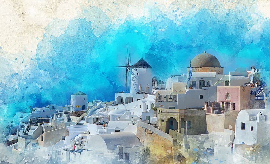 painting of town buildings, santorini, island, greece, sea, tourism