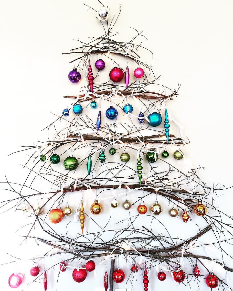 Christmas tree wall decor with assorted-color baubles, Christmas, Tree