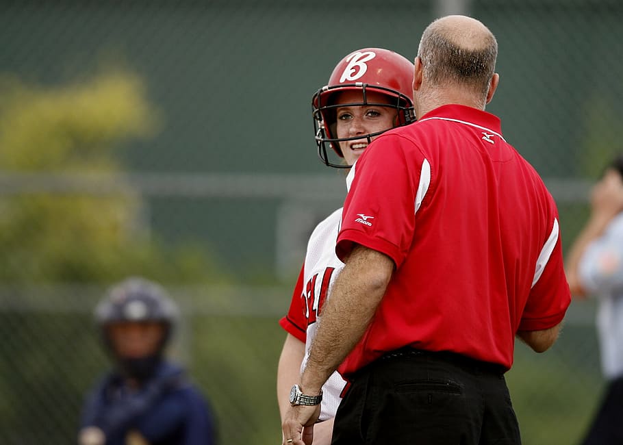 man talking to the woman, softball, coaching, player, helmet HD wallpaper