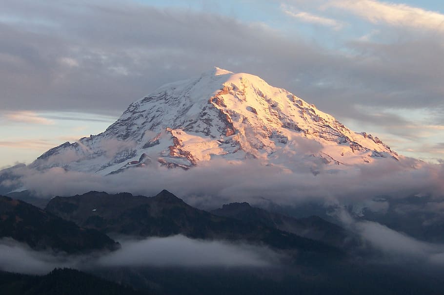 snow-covered mountain, rainier, washington, sky, landscape HD wallpaper