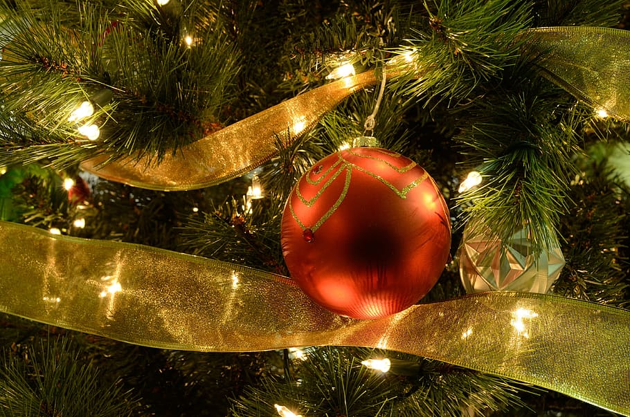 red bauble hanged on Christmas tree, Holiday Tree, xmas, festive, HD wallpaper