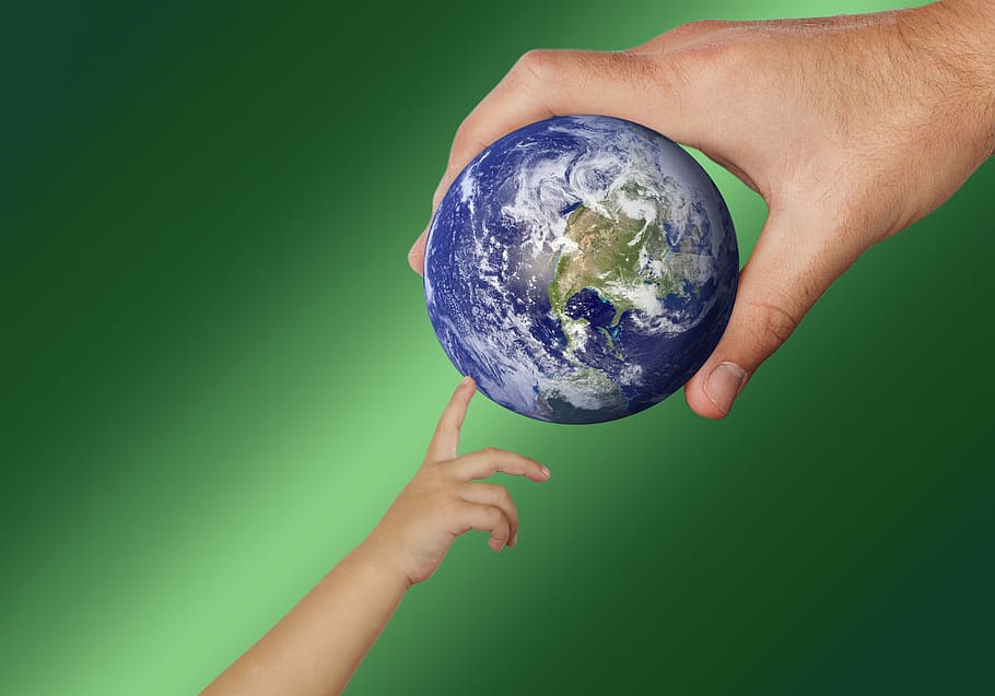 man and toddler holding earth, world, globe, keep, give, tap HD wallpaper