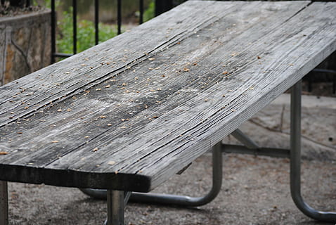 rectangular gray wooden table, picnic, bench, nature, green HD wallpaper