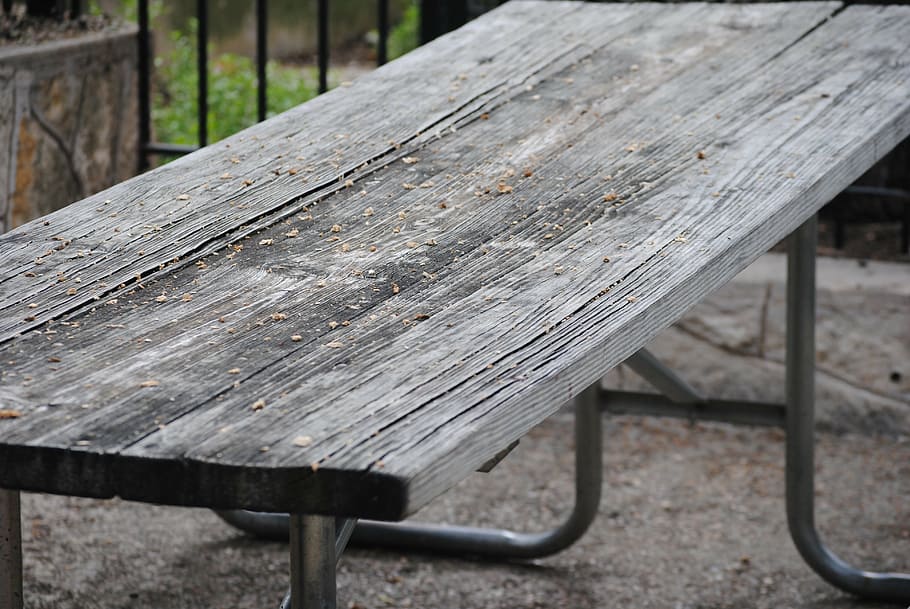 rectangular gray wooden table, picnic, bench, nature, green HD wallpaper