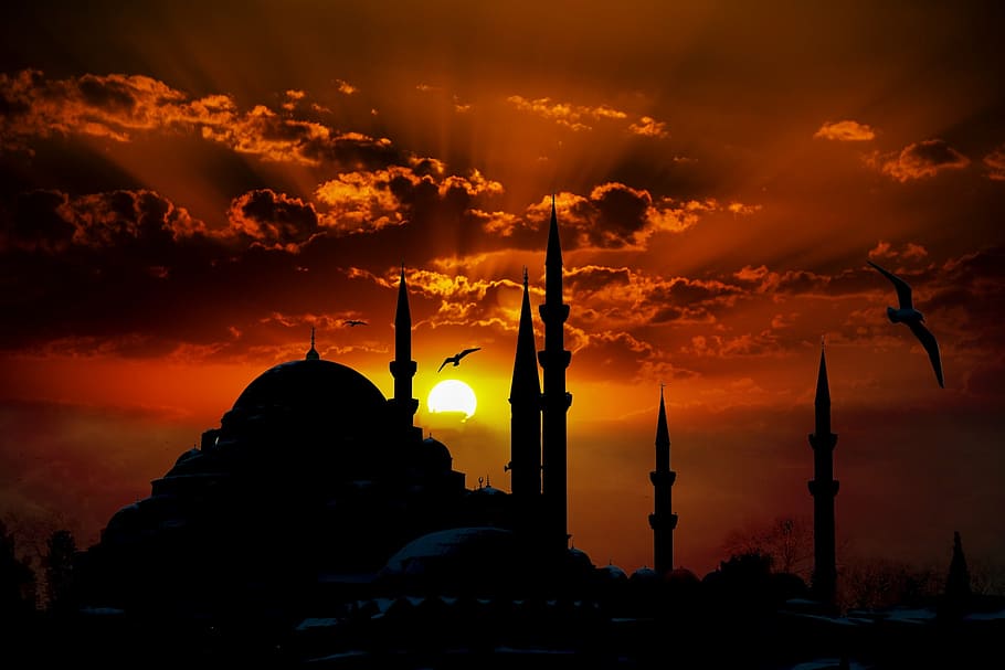 HD wallpaper: photography of silhouette of mosque during sunset