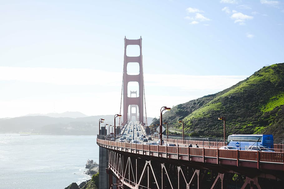 architecture, bridge, coast, ocean, sea, vehicles, water, golden Gate Bridge HD wallpaper