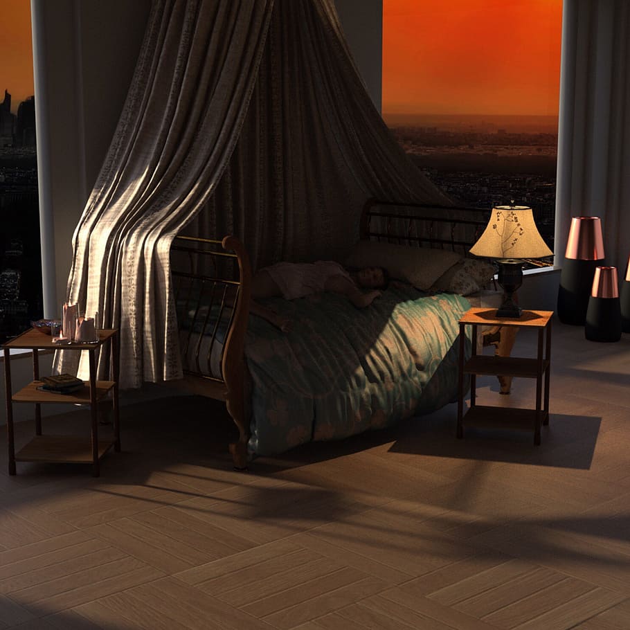 room, light, four poster bed, mood, atmosphere, window, sunset