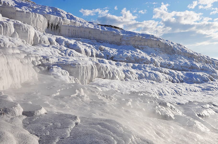 sinter terraces, winter, pamukkale, lime, water, blue, white HD wallpaper