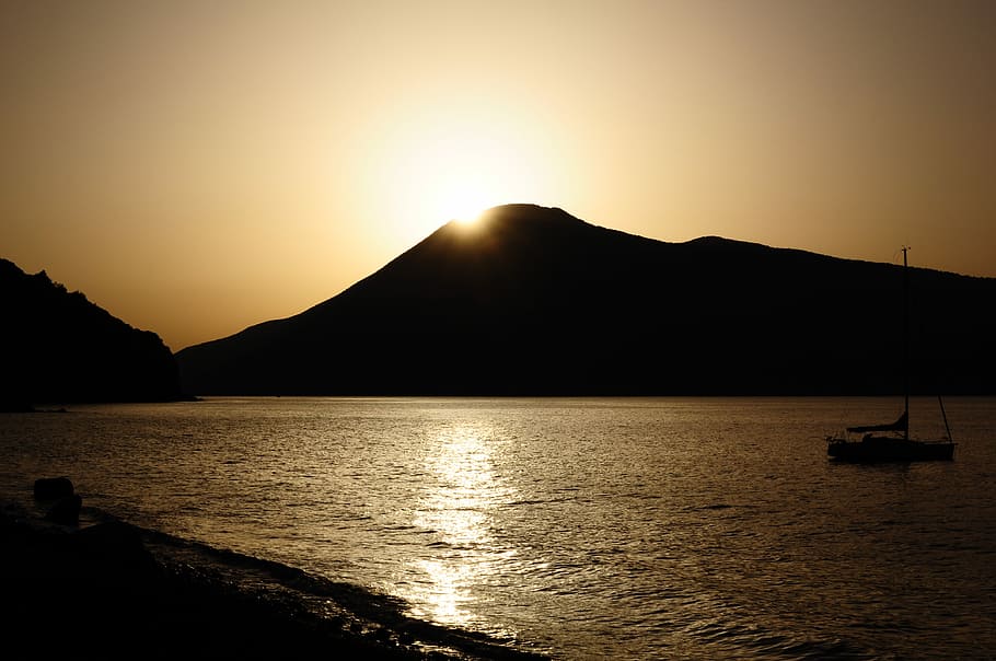 Sunset, Lipari, Sicily, silhouette, sea, mountain, no people HD wallpaper