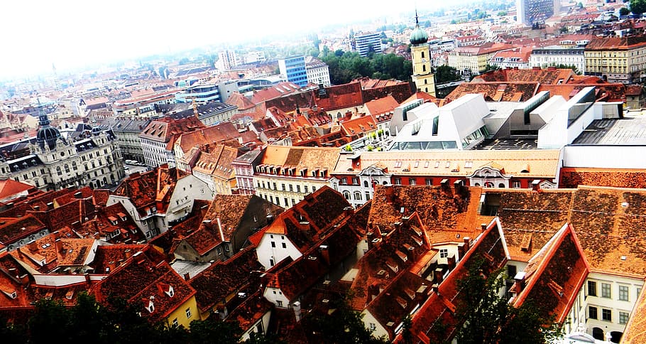 graz, styria, clock tower, austria, city, homes, building exterior HD wallpaper