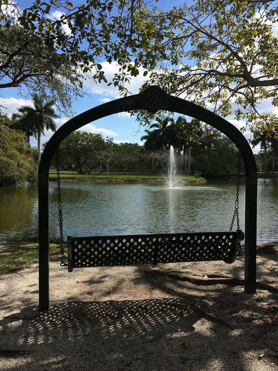 swing, romantic, landscape, park, nature, lake, trees, garden HD wallpaper