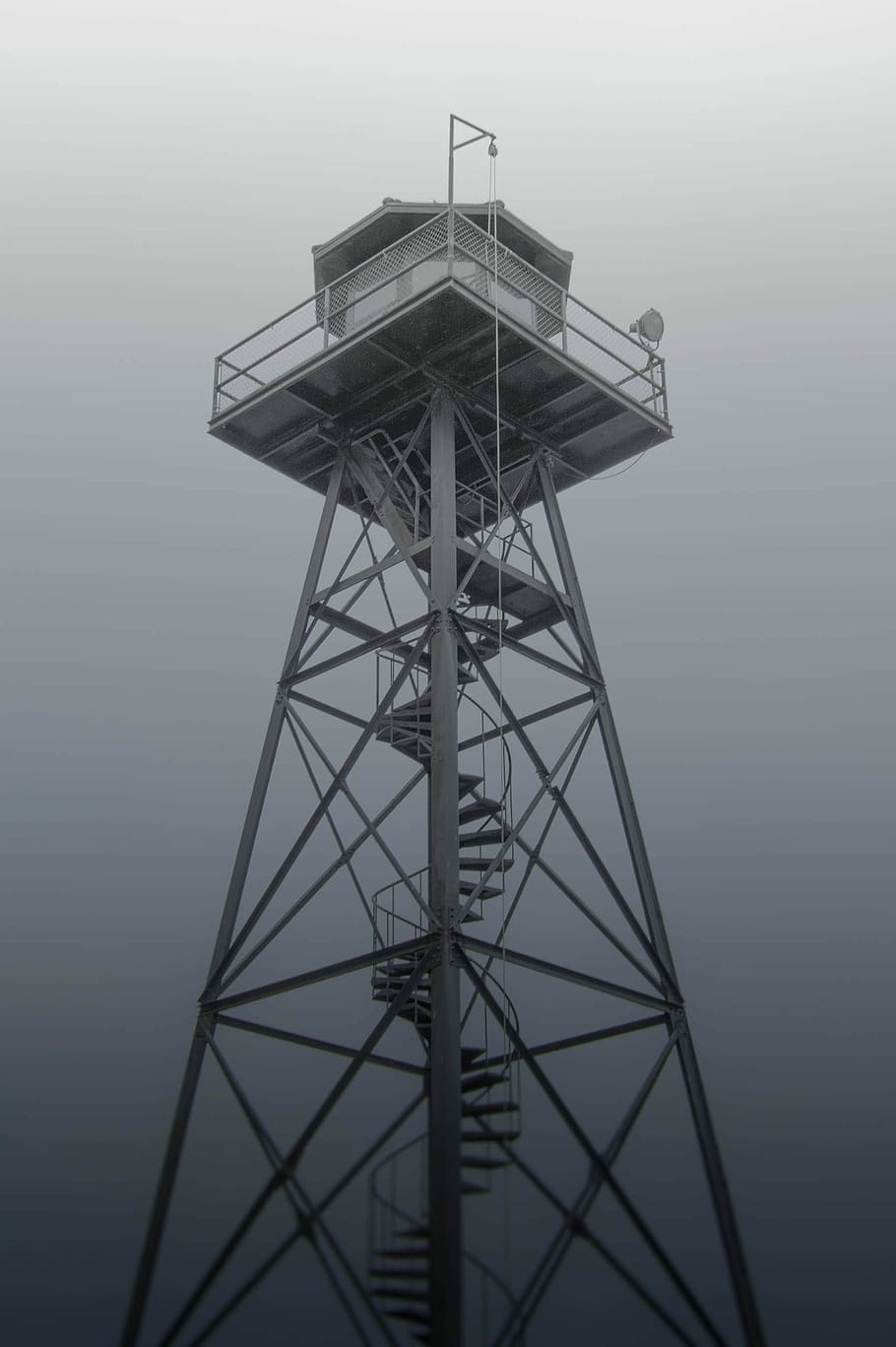 grayscale photo of TV tower, foggy, structure, sky, grey, stairs HD wallpaper