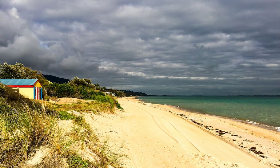 clouds, sand, beach, bay beach, port phillip bay, sea, bathing box HD wallpaper