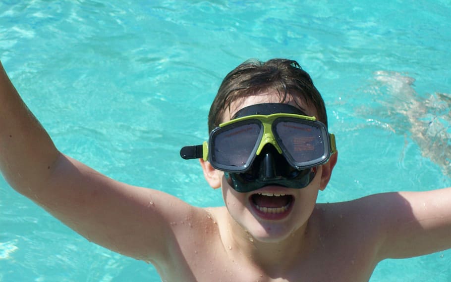 boy wearing goggles in pool, Swimming, Diving, Child, blue HD wallpaper