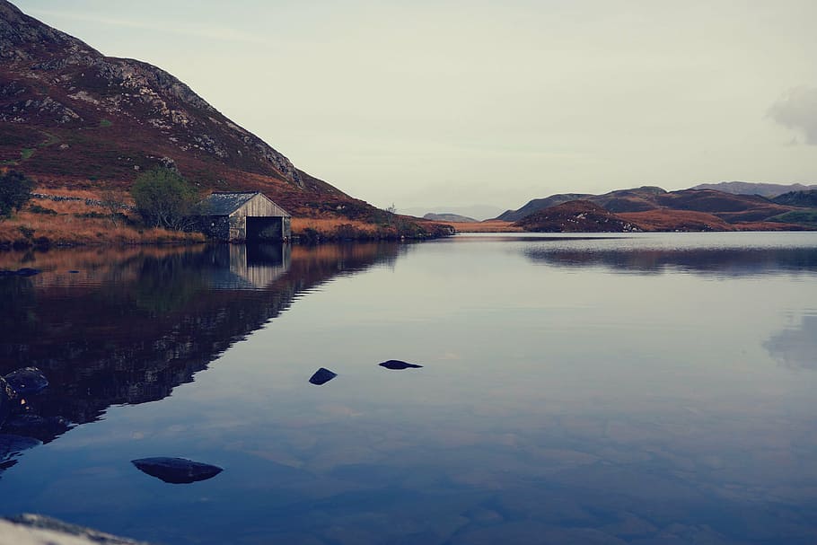gray wooden house near body of river, water, white, sky, nature HD wallpaper
