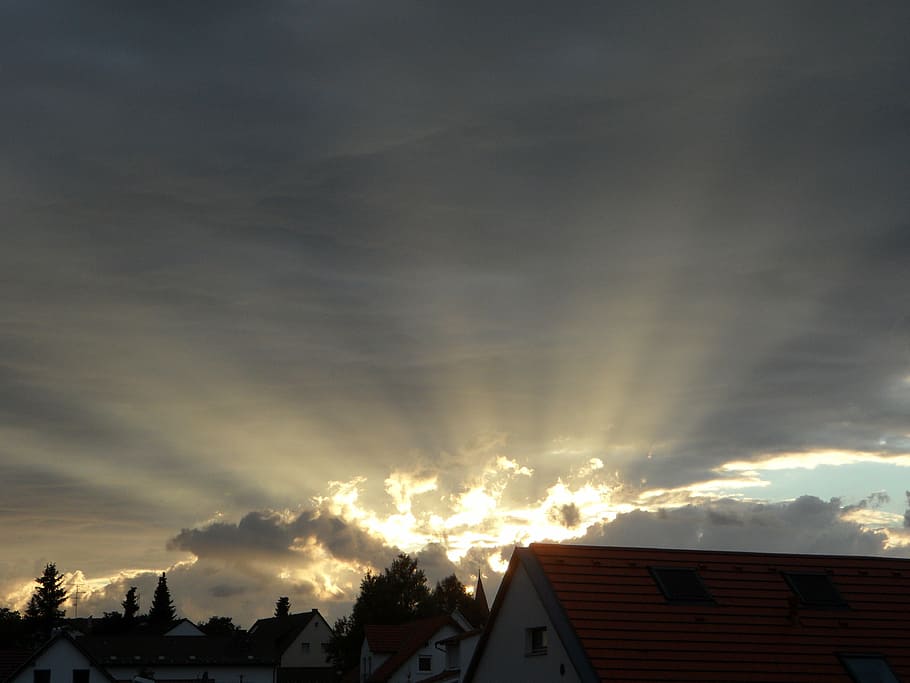 sunset, rays, bright, lighting, sky, cloud - sky, built structure HD wallpaper