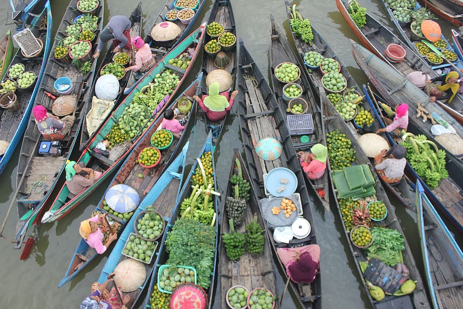 floating, market, lok baintan, south borneo, high angle view
