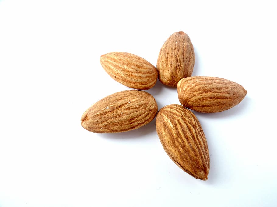 five brown almond nuts formed star, eat, flower, tasty, healthy, HD wallpaper