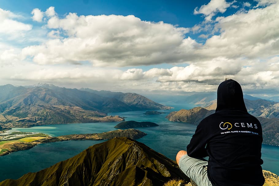 people, man, back, hood, view, mountain, lake, valley, water HD wallpaper