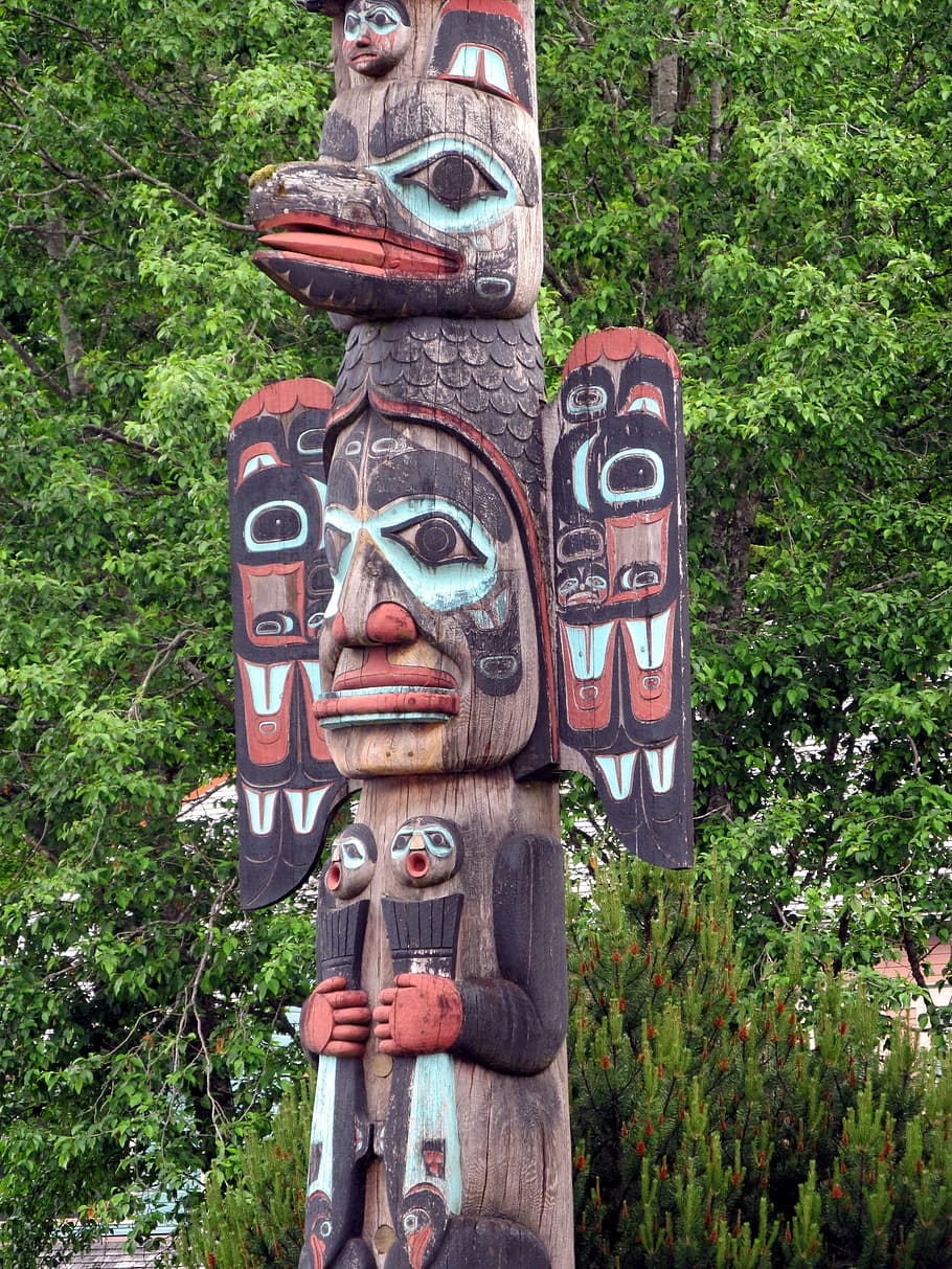 brown and teal wooden tribal temple decor, Totem, Pole, Faces