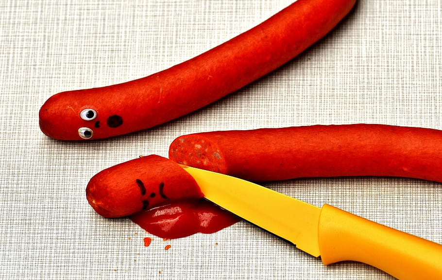 orange knife beside hotdog, fun, funny, head, sausage, debrecziner, HD wallpaper