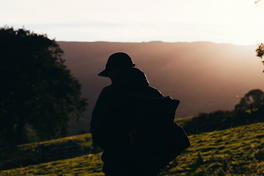 silhouette of man, mountain, highland, cloud, sky, peak, landscape HD wallpaper
