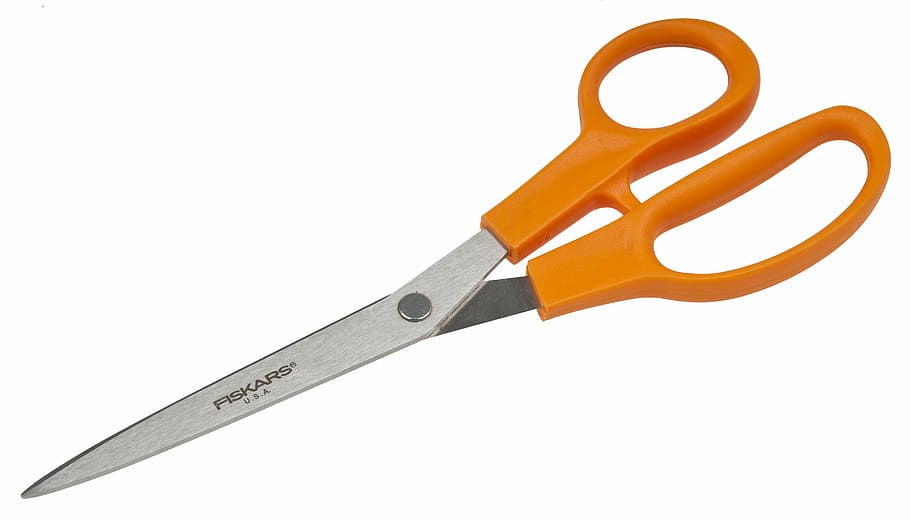 orange Fiskars scissors, cut, cutting, paper, work tool, metal HD wallpaper