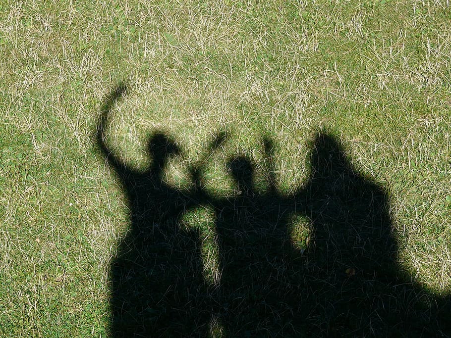 three shadows of person on green grass, Wave, Shadow Play, Silhouettes HD wallpaper
